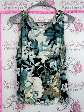 Gloria Vanderbilt tank top cowl Teal Black Cream Floral Tank